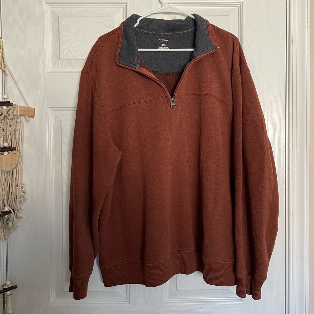 Arrow Men's Rust Orange and Grey Quarter Zip-Up Sweater XXL